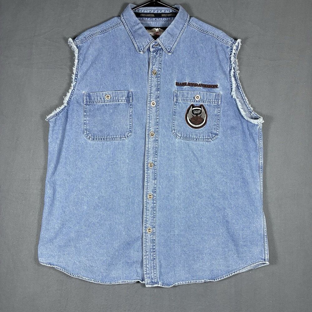 Harley Davidson Shirt Mens Denim 105 Anniversary 2008 Button Down Sleeveless XL